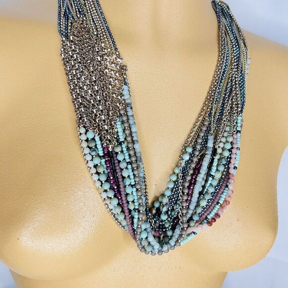 Stella & Dot Mae Statement Necklace Mesh Multi Strand Stone Silver RV$129 4765 - Picture 4 of 10